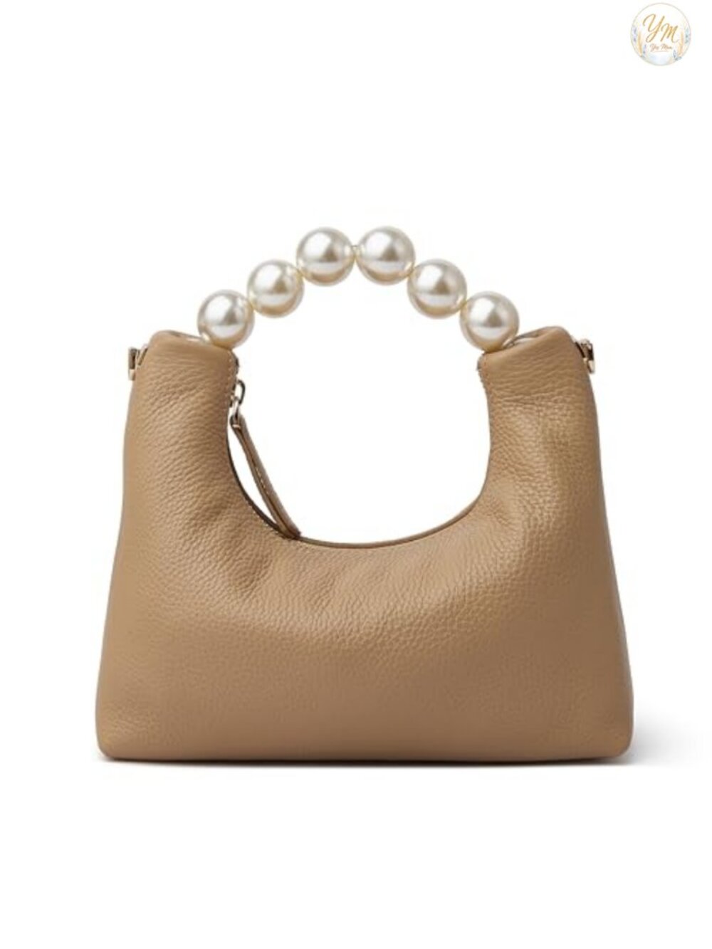 Full Grain Cowhide Pebble Leather Top Handle Clutch Purse with Pearl Handle